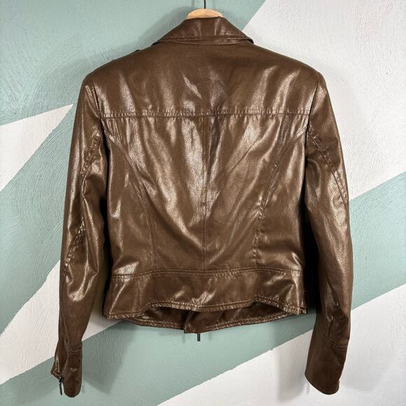 Bisou Bisou Women's Size Small Vegan Faux Leather Brown Metallic Moto Jacket - Picture 9 of 9